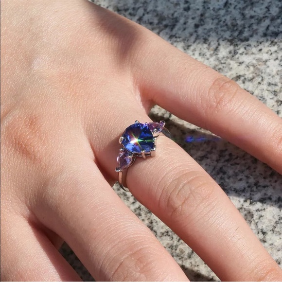 Blue Sapphire Sterling Silver Water Drop Ring, cute Ring, shiny Ring. - Picture 2 of 4